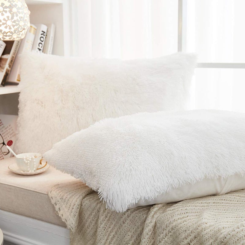 JAUXIO Long Faux Fur Soft Soild Decorative Pillowcase Oblong Fluffy Throw Pillow Cover Velvet Shaggy Plush Cushion Case Set of 2 Zipper Closure Queen Size (20X26 Inches, White) - Image 3